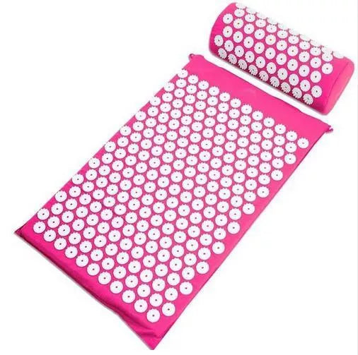 Acupuncture yoga cushion and pillow set with 210 pins for muscle relief, available in multiple colors.