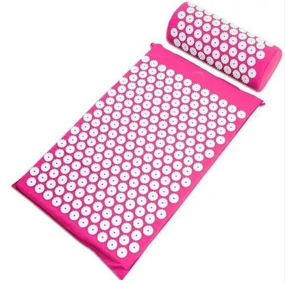 Acupuncture yoga cushion and pillow set with 210 pins for muscle relief, available in multiple colors.