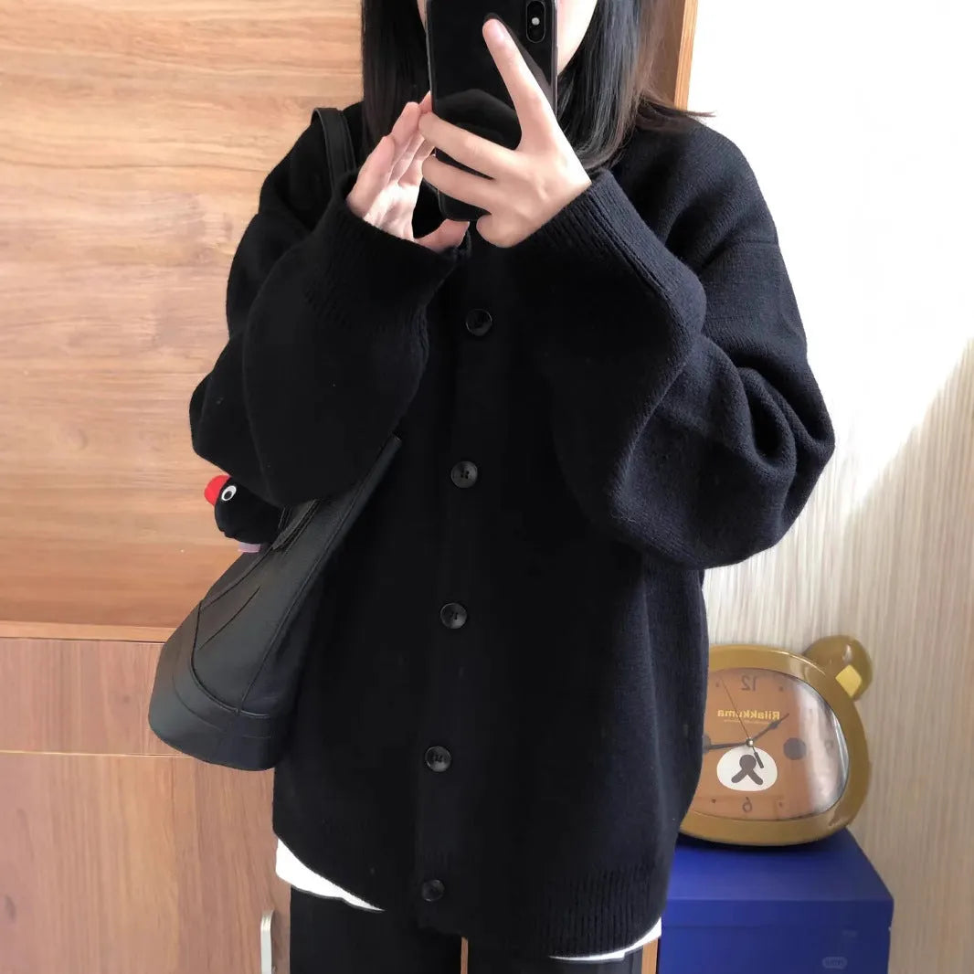 Black cotton cardigan sweater coat for women, long sleeves, medium thickness, Japanese Korean style, sizes S to XL