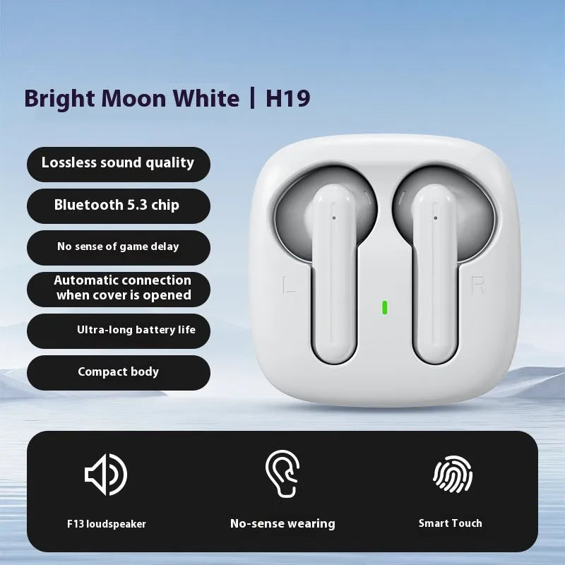 Wireless Bluetooth earbuds with noise reduction, sports style, available in black, white, or skin colour, plastic.