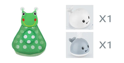 Automatic water-spraying whale bath toy with colourful lights floating in bath water.