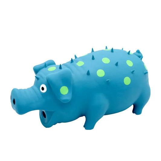 Blue latex pig-shaped dog chew toy with textured surface measuring 20x10cm