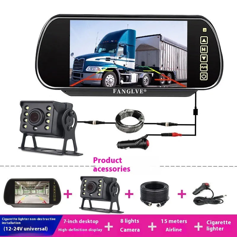 7-inch car monitor and reversing display with camera and video cable, TFT screen, ABS housing, desktop or rearview mirror fitting.