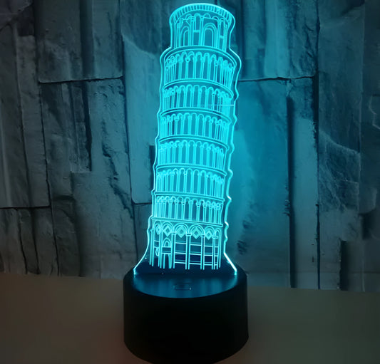 3D Leaning Tower of Pisa acrylic nightlight with colour-changing LEDs on a black base