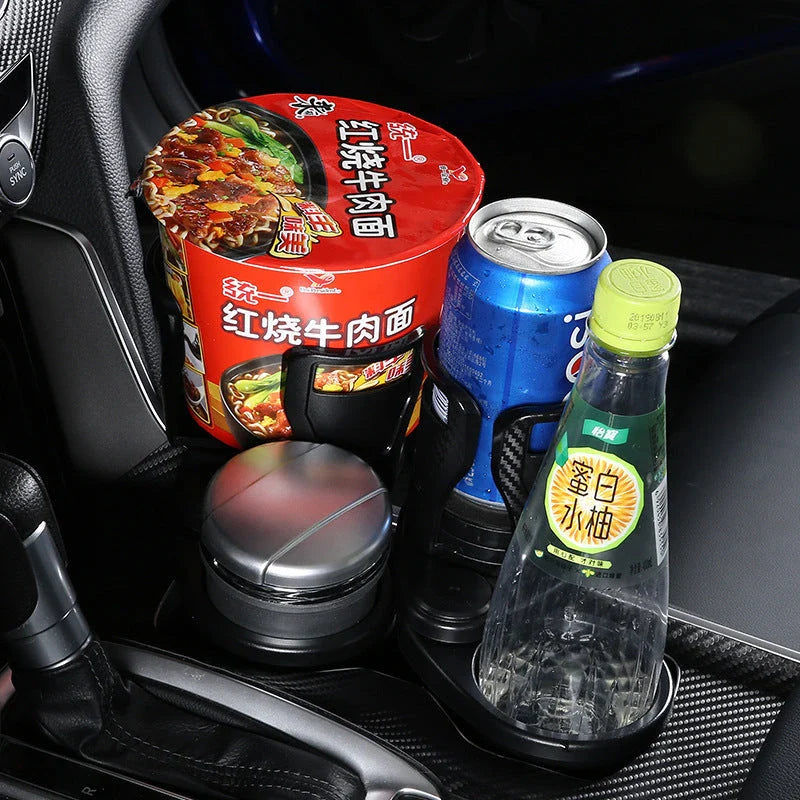 Versatile car organizer with rotating cup holder for storing coffee, sunglasses, and other everyday items in vehicle