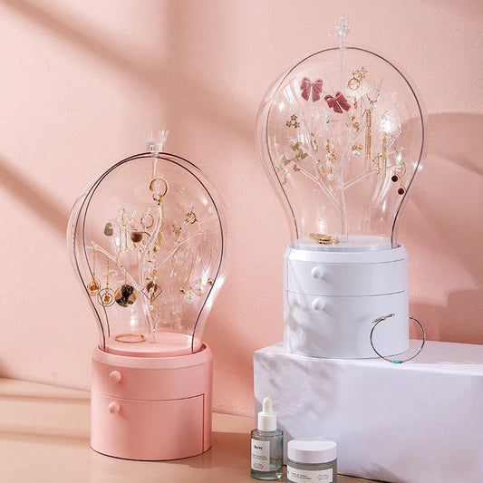 Rotating jewelry organizer with LED lights and USB charging for necklaces, earrings, and makeup storage