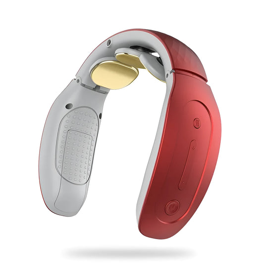 Compact intelligent cervical massager in red or white with 3 massage contact points.