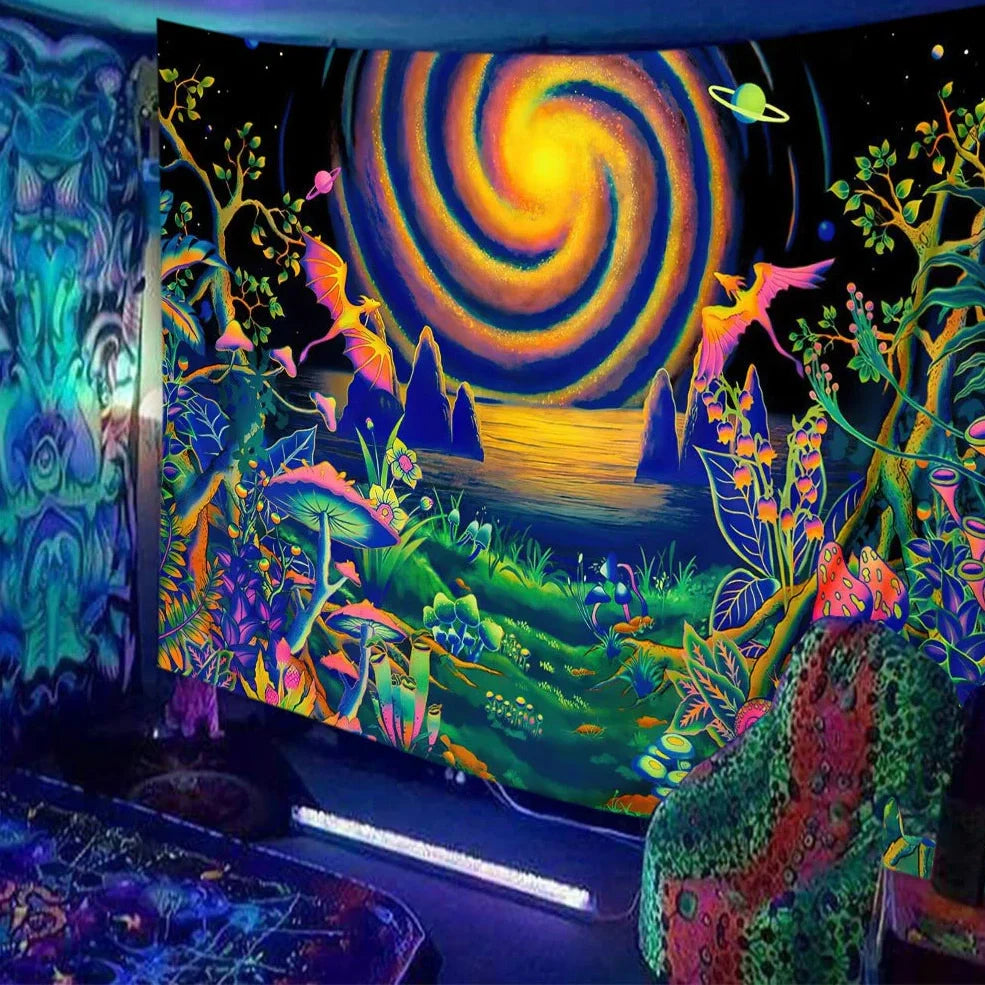 Skull print fluorescent wall tapestry showing detailed pattern on polyester fabric with hanging accessories