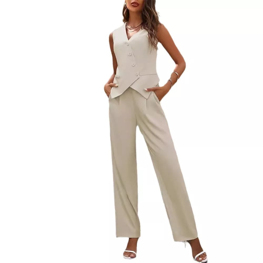 Women's summer commuter suit set in beige, featuring a sleeveless top and straight trousers