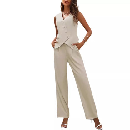 Women's summer commuter suit set in beige, featuring a sleeveless top and straight trousers