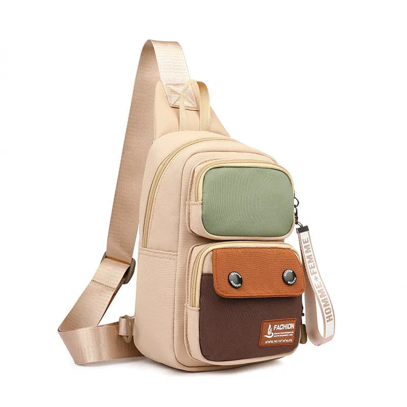 Nylon crossbody shoulder bag with letter pattern in beige contrast colour.