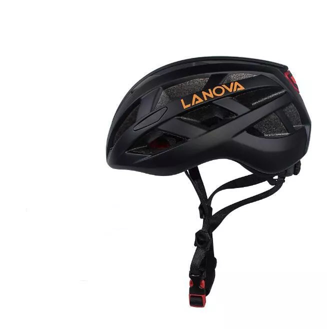 Unisex bicycle helmet with integrated safety light in matte black, fluorescent green, purple, and white