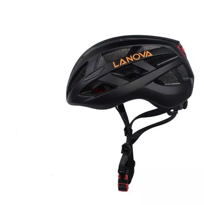 Unisex bicycle helmet with integrated safety light in matte black, fluorescent green, purple, and white