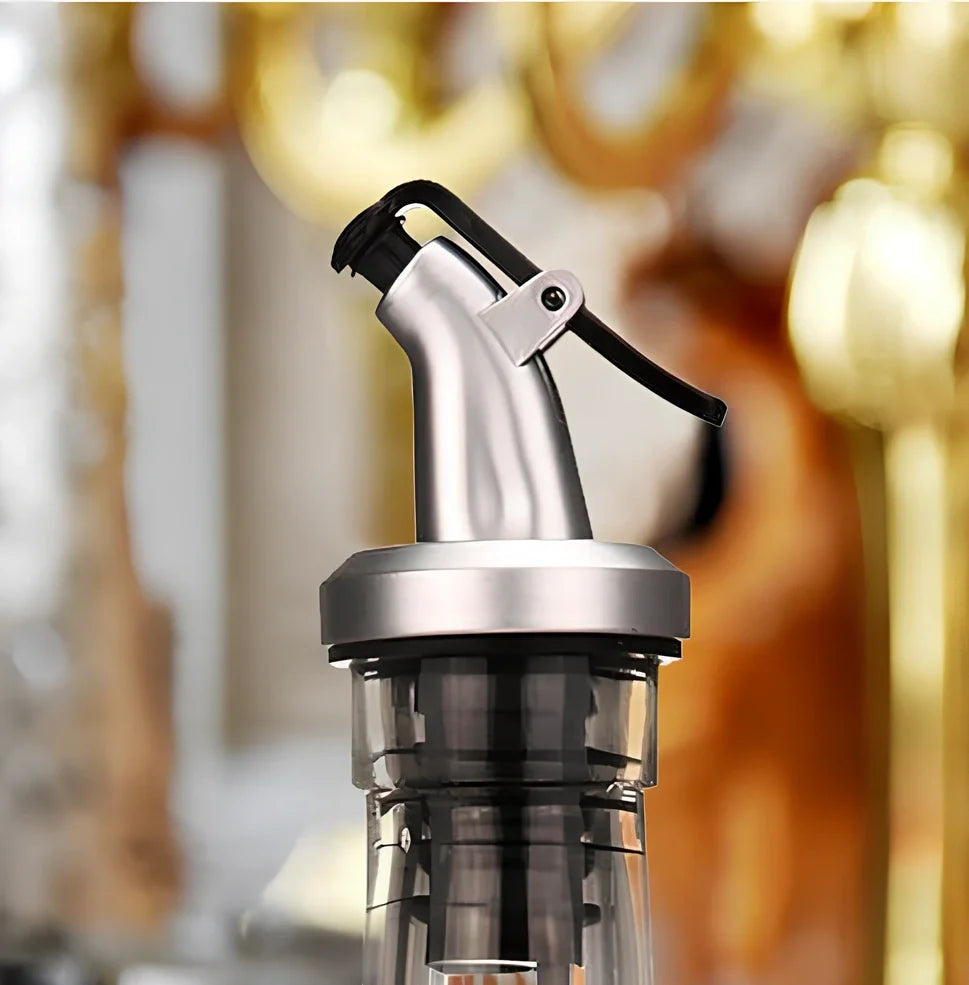 Silver and black flip-top bottle spout for olive oil and spirits pouring