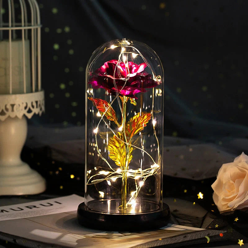Enchanted Forever Rose in Glass LED Light Christmas Decoration with wooden base