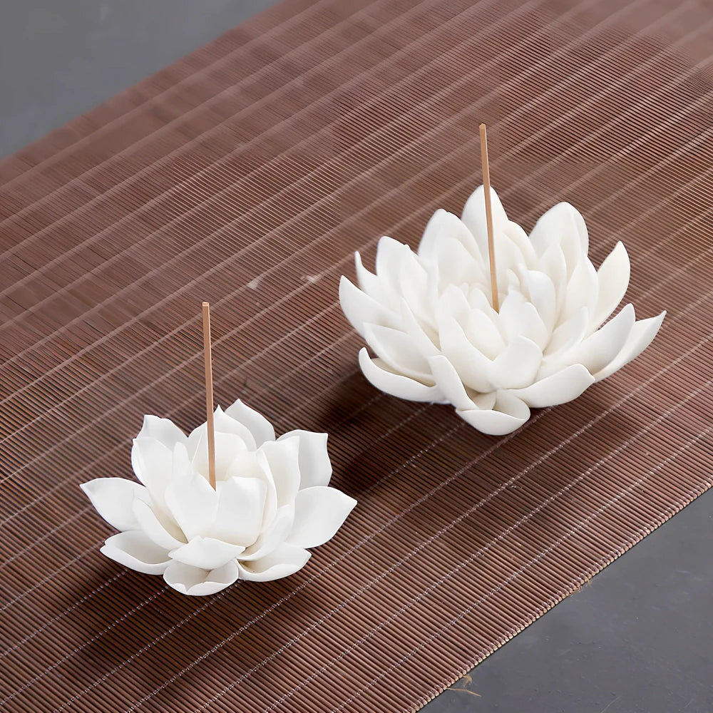White porcelain lotus incense burner showing S and L size options with ceramic construction