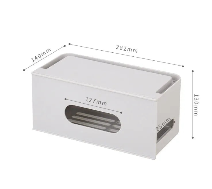 Grey and white plastic wireless router storage box with cable management compartment