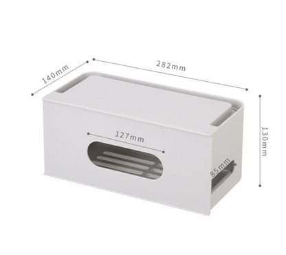 Grey and white plastic wireless router storage box with cable management compartment
