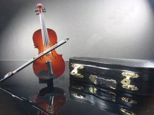 Handmade basswood miniature violin with bow stand and wooden box, perfect for photography props