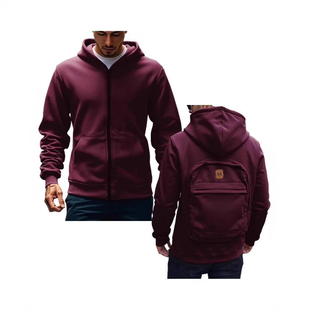 Men's loose-fit hoodie cardigan sweater with back schoolbag design and stick pocket in light grey, black and blue.