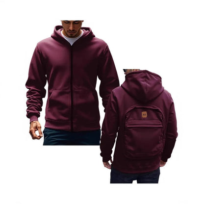 Men's loose-fit hoodie cardigan sweater with back schoolbag design and stick pocket in light grey, black and blue.