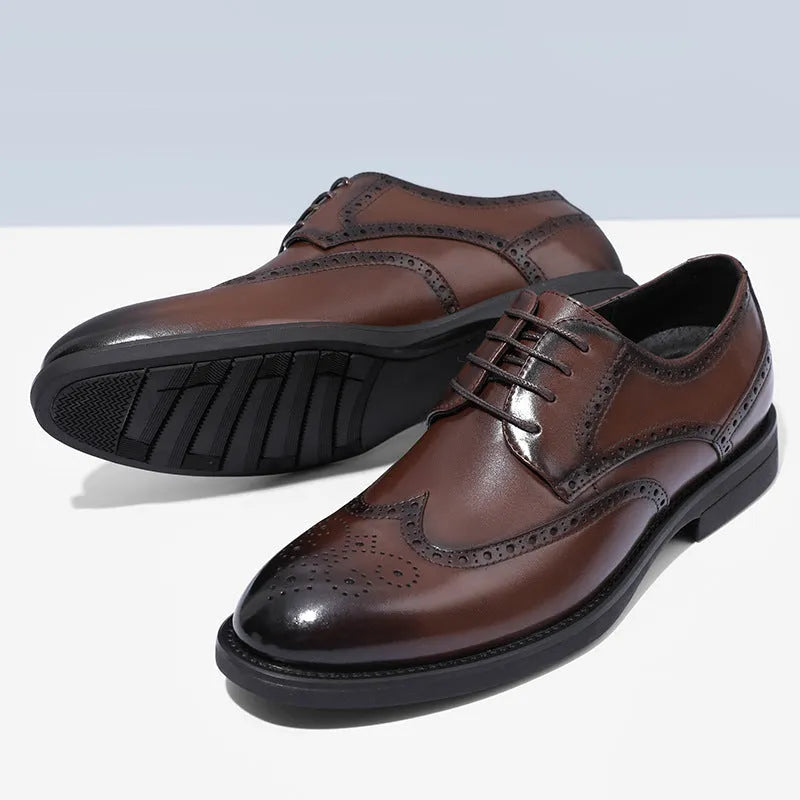 Men's black and brown brogue leather shoes with decorative perforations, business style formal footwear