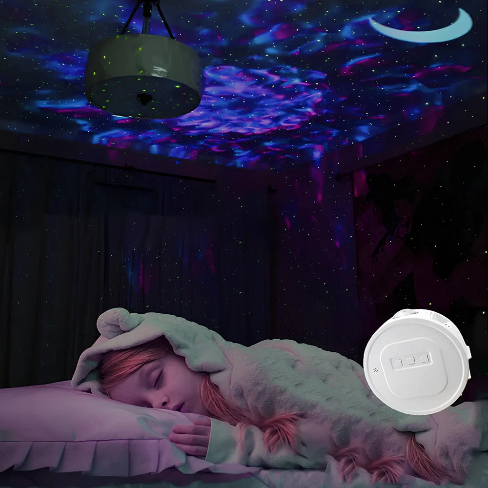 USB star projection light with voice control showing rotating mechanism and star pattern projection