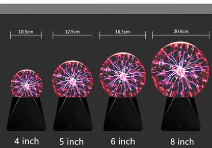 Plasma ball lightning ball with glass spherical shell showing colourful linear light and interactive touch response