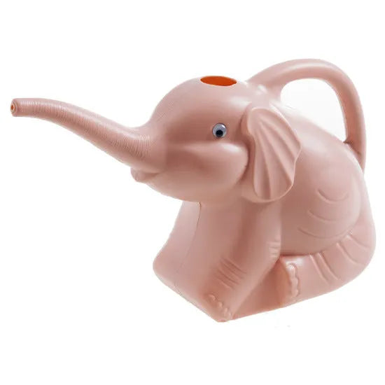 Pink elephant-shaped watering can with long nozzle for children and indoor plants.