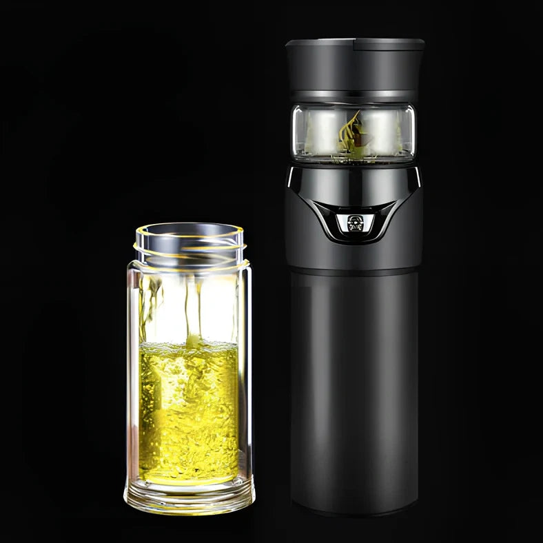 Stainless steel tea separation cup with one-button mechanism showing straight cup design and multiple colour options