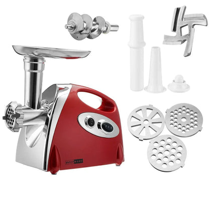 Red electric meat grinder with 800W motor processing 800 grams per minute with food-grade aluminium construction