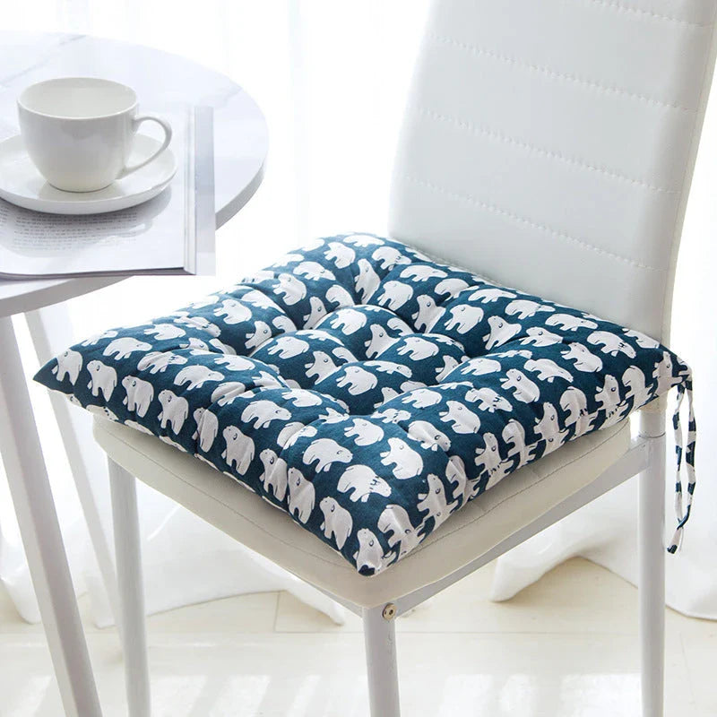 Comfortable Linen-Cotton Chair Cushion with a variety of vibrant patterns and designs, perfect for indoor and outdoor use.