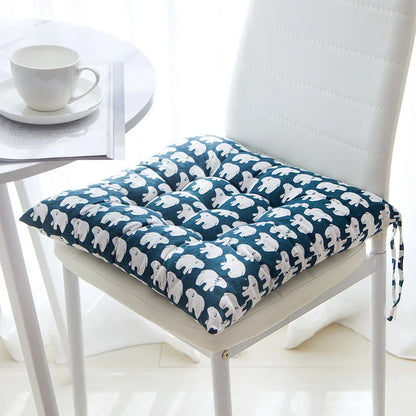 Comfortable Linen-Cotton Chair Cushion with a variety of vibrant patterns and designs, perfect for indoor and outdoor use.