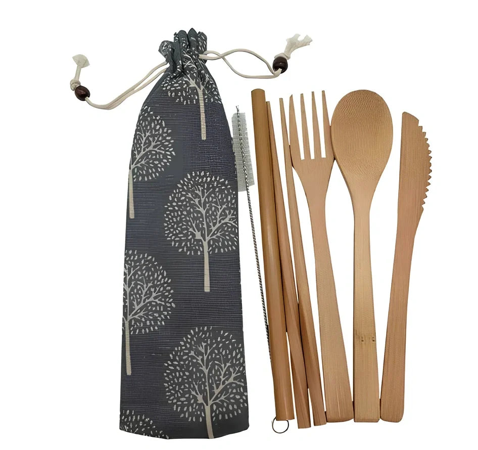 Bamboo travel cutlery set with 7 Japanese-style utensils in carrying pouch for sustainable dining