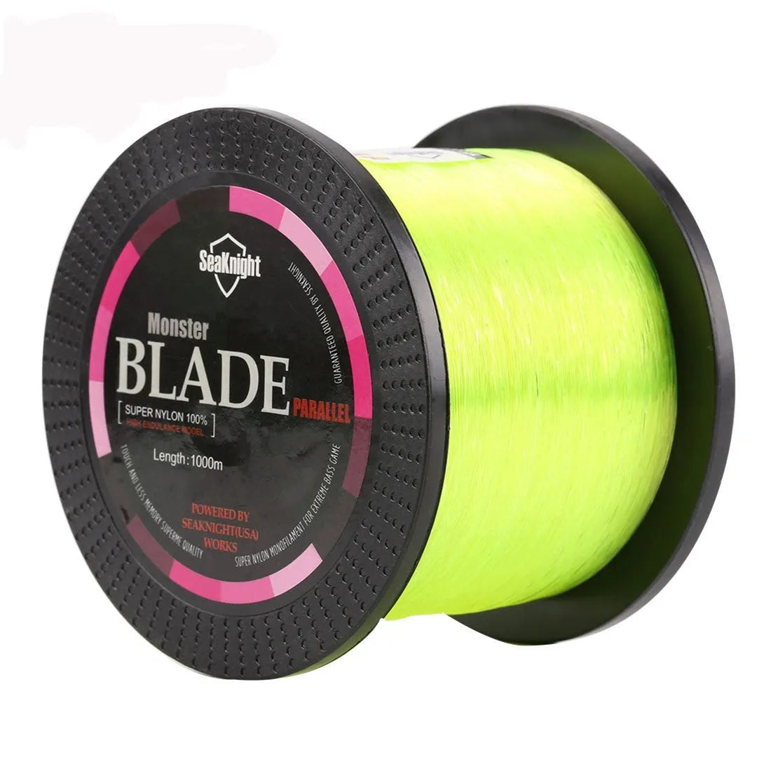 Seaknight1000 M nylon fishing line spool in available colours: black, blue, green, white, yellow.