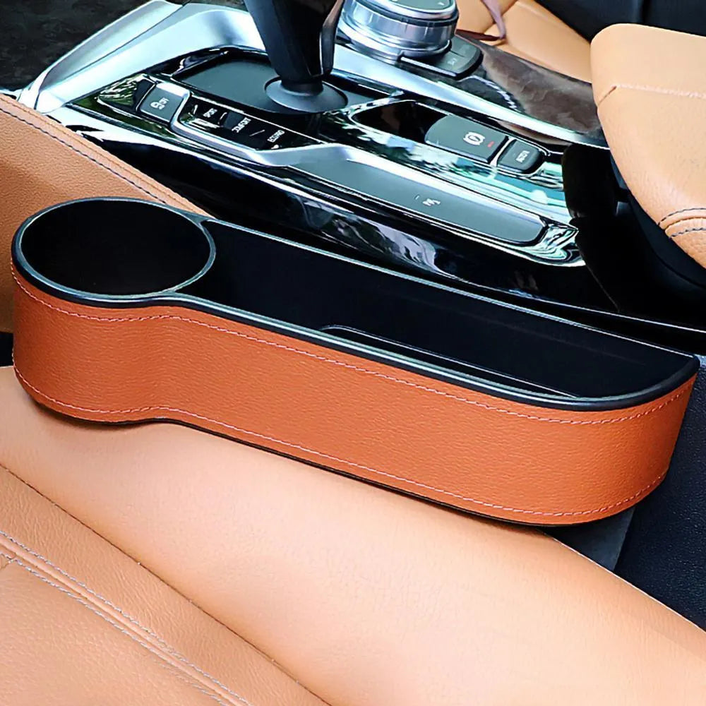 Leather and ABS car storage box, 27cm by 14.5cm by 6cm, for front left or right fit in black, beige, or brown.