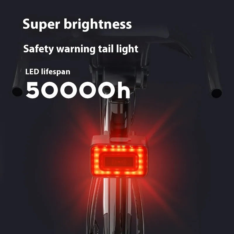 Smart millimeter wave bicycle taillight with double bracket mount showing dimensions and Type-C charging port