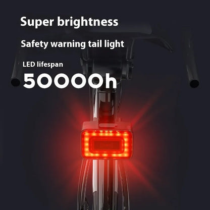 Smart millimeter wave bicycle taillight with double bracket mount showing dimensions and Type-C charging port