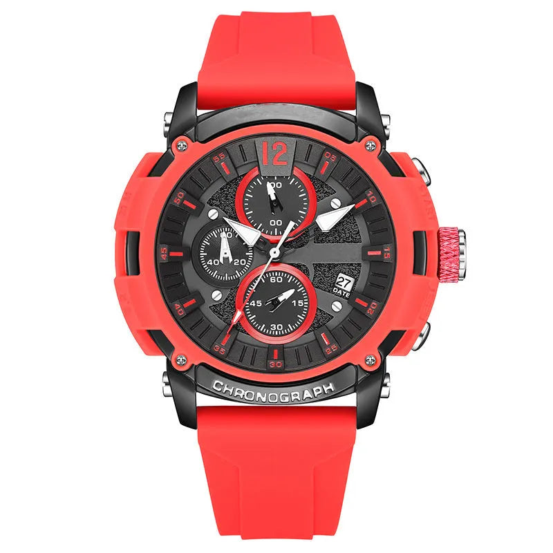 Men's multi-function digital watch with luminous display and calendar on a wrist, showing black colour option.