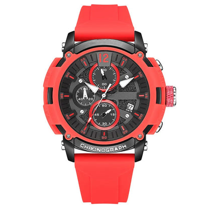Men's multi-function digital watch with luminous display and calendar on a wrist, showing black colour option.