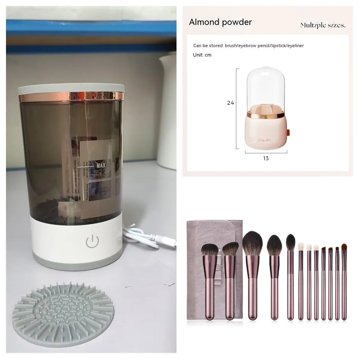 Grey and white portable electric makeup brush cleaner with USB charging cable.