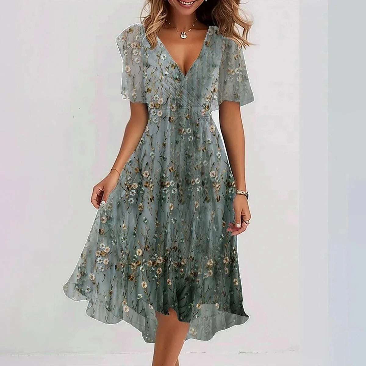 Elegant summer chiffon V-neck dress with floral print, available in multiple colors and sizes.