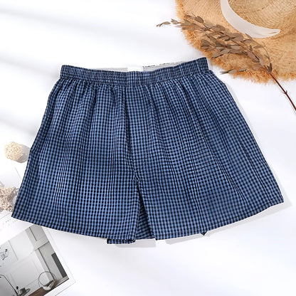 Men's cotton loose boxer shorts plus size mid waist breathable in blue, black and white plaid, red plaid