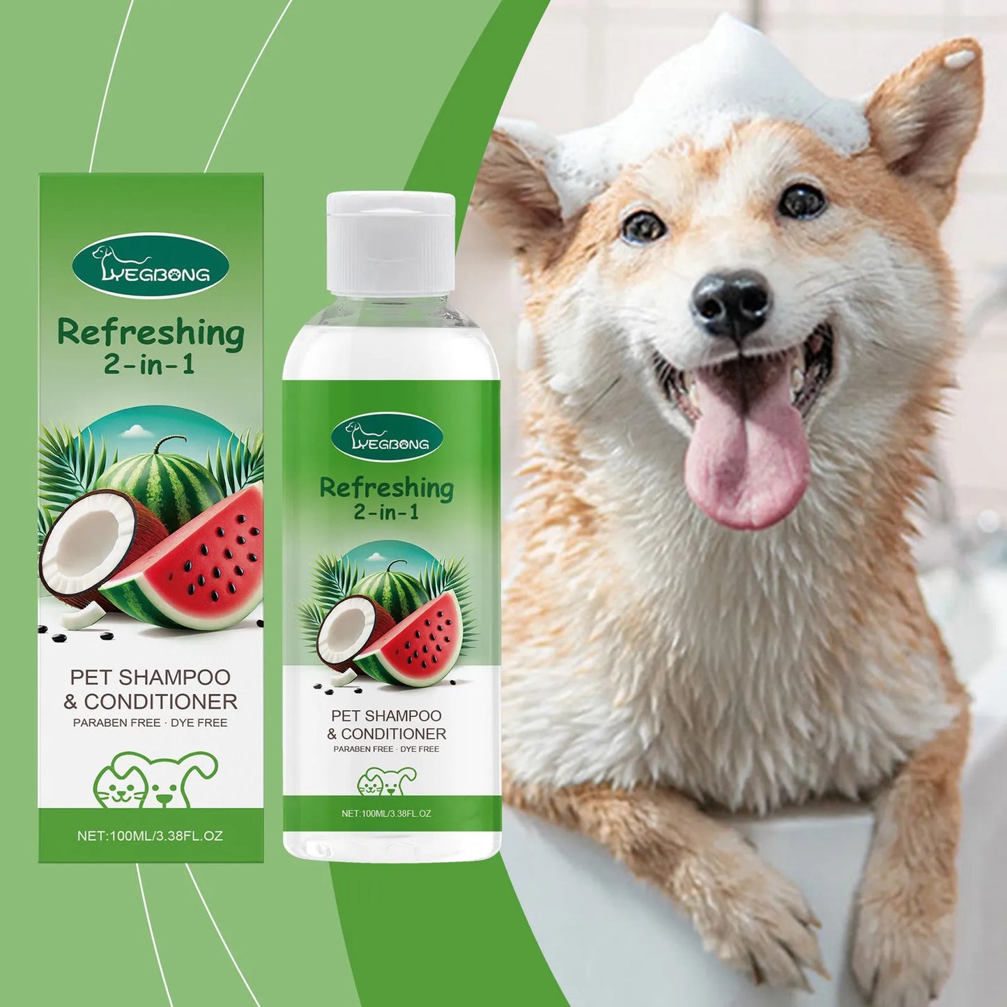 100ml pet shampoo bottle measuring 3.8cm by 12.8cm with 2-in-1 formula containing watermelon and coconut extracts
