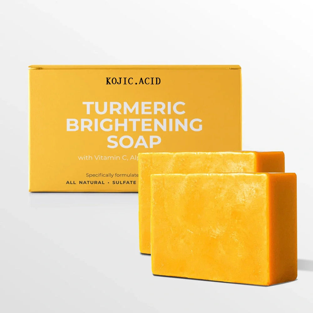 Natural Turmeric Kojic Soap for brightening and moisturizing skin, handmade with natural ingredients.