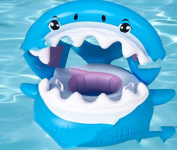 Inflatable shark seat ring for kids with sun awning, blue color