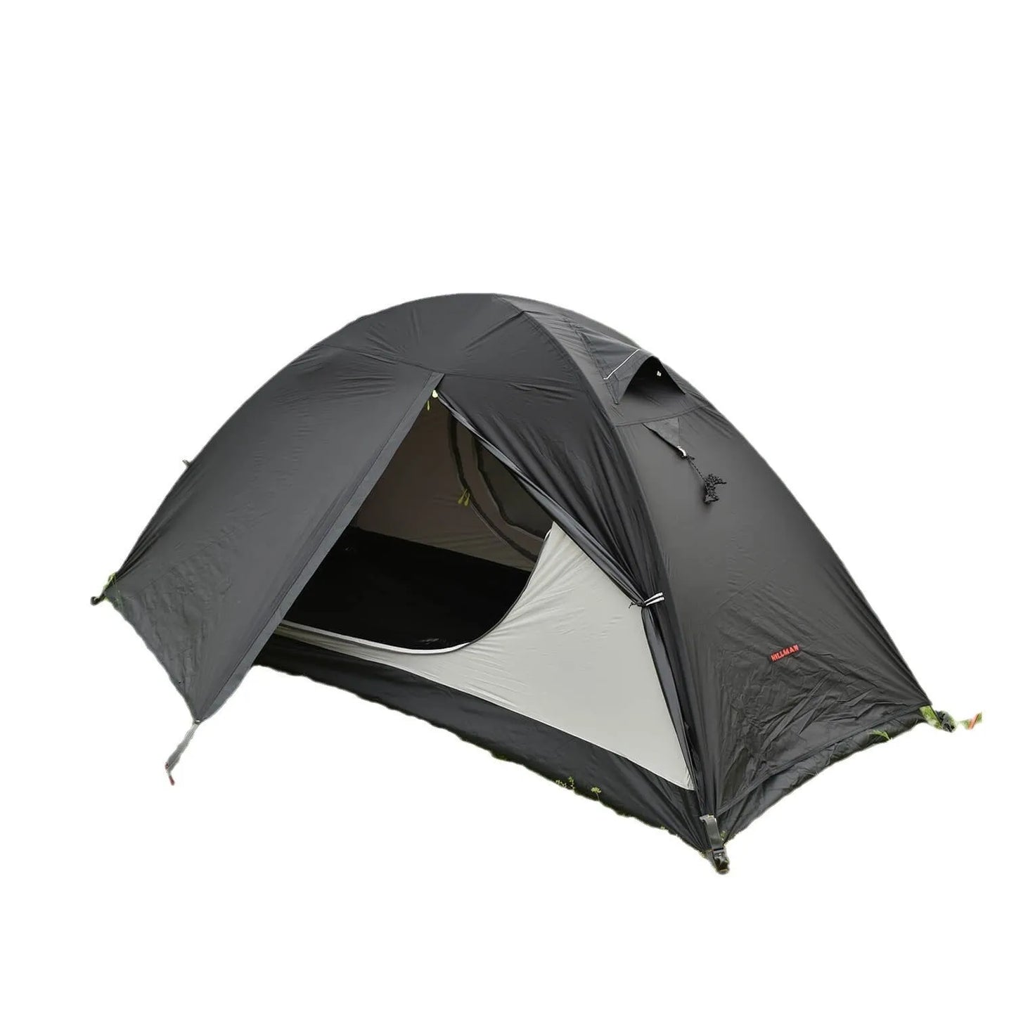 Single person tent with aluminium poles, silicon coating, and double-layer design in black colour, set up outdoors