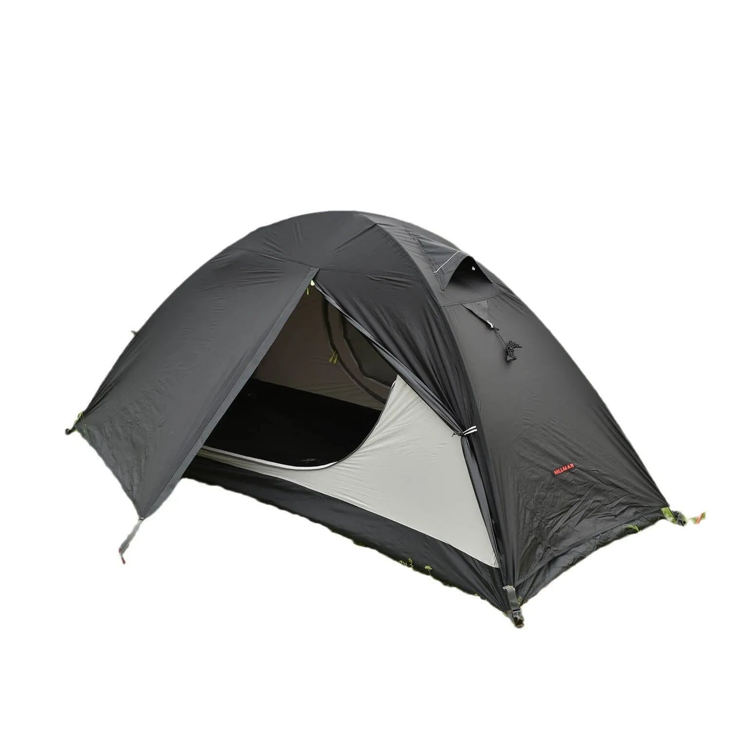 Single person tent with aluminium poles, silicon coating, and double-layer design in black colour, set up outdoors