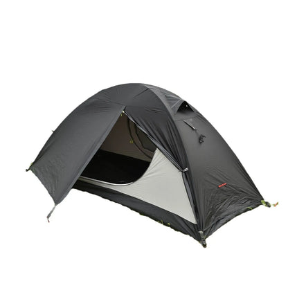 Single person tent with aluminium poles, silicon coating, and double-layer design in black colour, set up outdoors