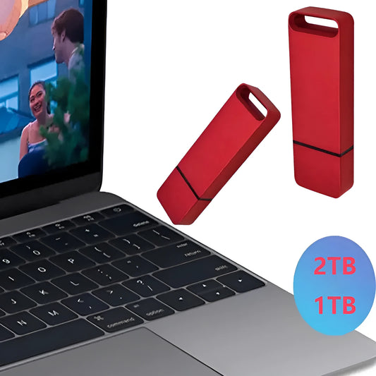 Customisable metal USB flash drive in black, red, or silver, showing high-capacity options for data storage.